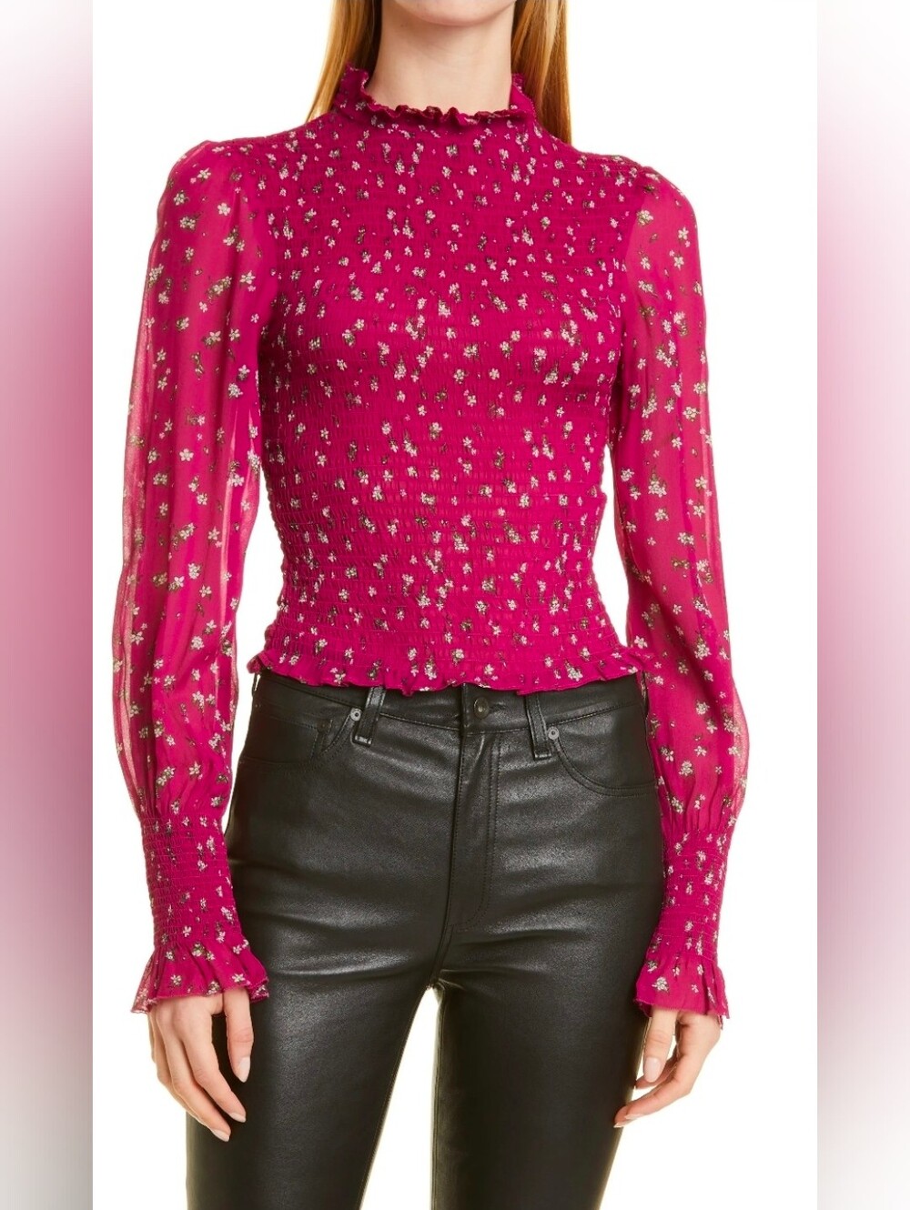Rag & Bone Smocked Ruffle Neck Floral Long-Sleeve Top